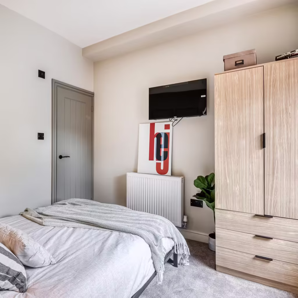Modern bedroom with TV, wardrobe, and decor.