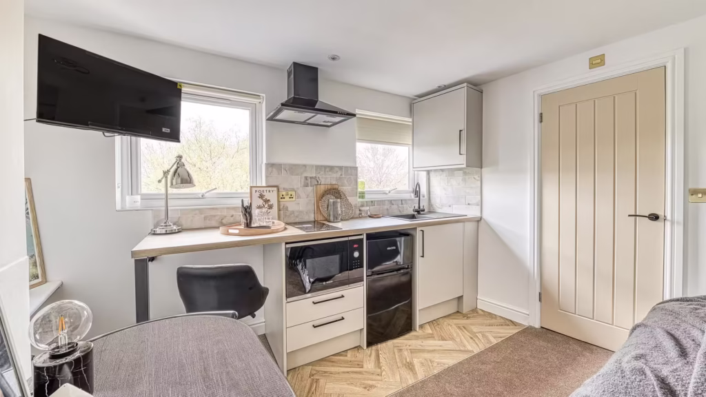 Modern kitchenette with TV and appliances.