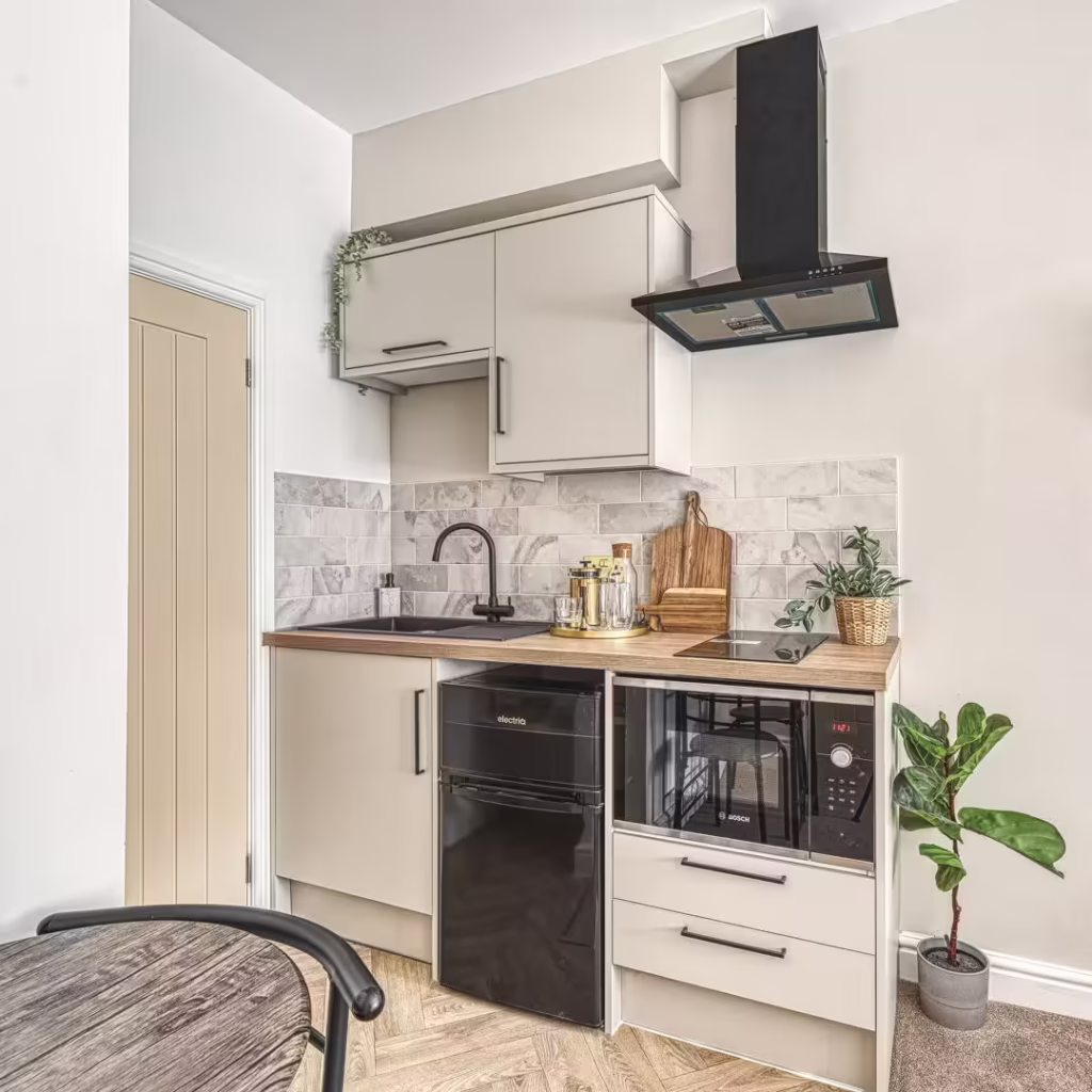 Compact modern kitchen with appliances and plants.