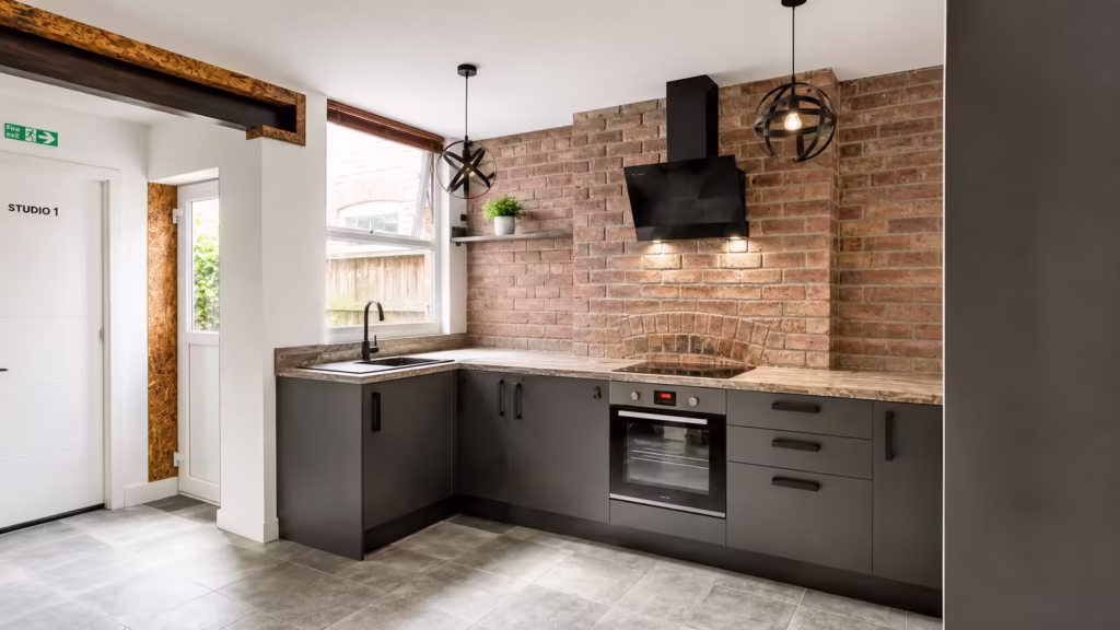 Modern kitchen with exposed brick wall.
